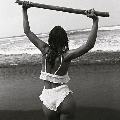 Women's Pure White Suspender Underwear Ruffled Shorts Suit